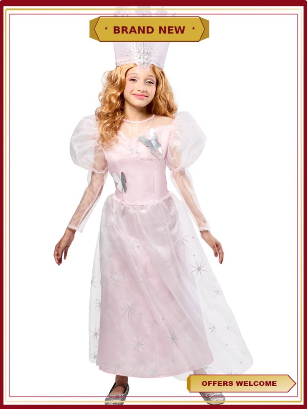 Glinda Costume Girls Small Pastel Pink Gown Glitter Stars Crown